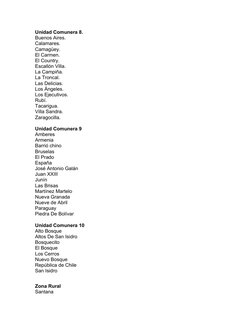 Unidad Comunera 8.
Buenos Aires.
Calamares.
Camagüey.
El Carmen.
El Country.
Escallón Villa.
La Campiña.
La Troncal.
Las Deli