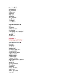 Almirante Colón
Blas De Lezo
El Campestre
El Carmelo
El Milagro
El Socorro
La Central
Los Caracoles
Los Corales
San Pedro
San