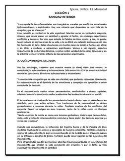Iglesia  Bíblica  El  Manantial
LECCIÓN 1
SANIDAD INTERIOR
"La mayoría de las enfermedades son inorgánicas, creadas por confl