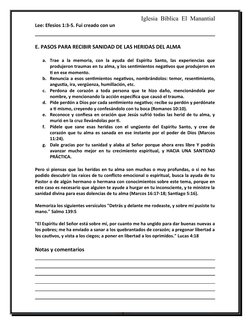 Iglesia  Bíblica  El  Manantial
Lee: Efesios 1:3-5. Fui creado con un
E. PASOS PARA RECIBIR SANIDAD DE LAS HERIDAS DEL ALMA
a