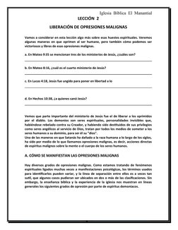 Iglesia  Bíblica  El  Manantial
LECCIÓN  2
LIBERACIÓN DE OPRESIONES MALIGNAS
Vamos a considerar en esta lección algo más sobr