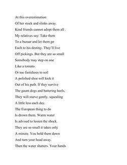 At this overestimation 
Of her stock and slinks away.
Kind friends cannot adopt them all .
My relatives say: Take them
To a b