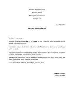 Republic of the Philippines
Province of Iloilo
Municipality of Lambunao
Barangay Pajo
  March 15, 2021
Barangay Business Perm