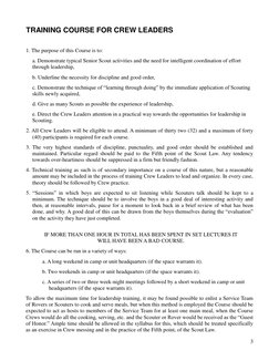 3 
TRAINING COURSE FOR CREW LEADERS 
 
1. The purpose of this Course is to: 
a. Demonstrate typical Senior Scout activiti