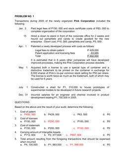 PROBLEM NO. 1
Transactions  during  2005  of  the  newly  organized  Pink  Corporation included  the
following:
Jan.  2
Paid