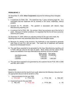 PROBLEM NO. 2
On December 31, 2004, Silver Corporation acquired the following three intangible 
assets:

A trademark for P30