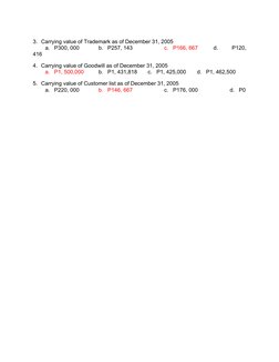 3. Carrying value of Trademark as of December 31, 2005
a.   P300, 000
b.   P257, 143
c.   P166, 667
d.    P120,
416
4. Carryi