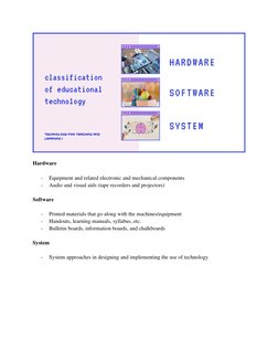 Hardware 
 
- 
Equipment and related electronic and mechanical components 
- 
Audio and visual aids (tape recorders and pro