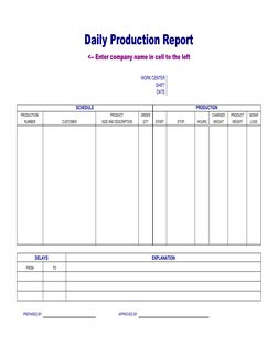 Daily Production Report
<-- Enter company name in cell to the left
WORK CENTER 
SHIFT 
DATE 
SCHEDULE
PRODUCTION
PRODUCTION