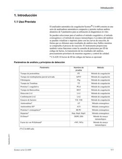 Sysmex serie CA-600
1-1
Introducción
Septiembre 2011
1. Introducción
1.1 Uso Previsto
El analizador automático de coagulación