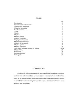 ÍNDICE.
Pag.
Introducción
4
Presentación de la Institución 
5
Nombre de la Institución 
5
Ubicación geográfica
5
Reseña histó