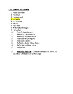 1 
 
CSEC PHYSICS LAB LIST 
1. Relative Density 
2. Pendulum 
3. Measurement 
4. Moments 
5. Hooke’s Law 
6. Vectors 
7. Flow