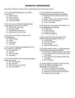 IDIOMATIC EXPRESSIONS 
Instructions: Choose the meaning of the underlined phrases from the given choice.
 
1. If you don’t sp