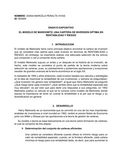 NOMBRE: DIANA MARCELA PERALTA VIVAS
ID: 653944
ENSAYO EXPOSITIVO
EL MODELO DE MARKOWITZ, UNA CARTERA DE INVERSION OPTIMA EN
R