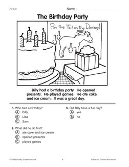 #2456 Reading Comprehension	
4	
©Teacher Created Resources
Name_________________________
	 1.	Who had a birthday?
 A	 Billy