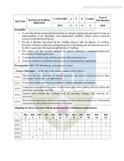 MECHANICAL ENGINEERING
MET 204 
MANUFACTURING 
PROCESS 
CATEGORY 
L 
T 
P 
Credits 
Year of 
Introduction 
PCC 
3 
1 
0 
4 
2