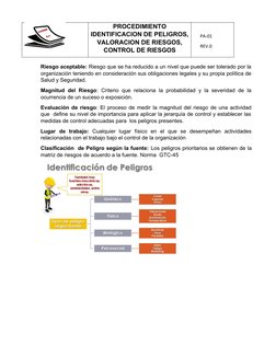 PROCEDIMIENTO
IDENTIFICACION DE PELIGROS,
VALORACION DE RIESGOS,
CONTROL DE RIESGOS
      PA-01
      REV.0
Riesgo aceptable: