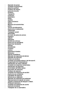  
Operador de grúas: 
 
Vendedor de golosinas: 
 
Detective policial: 
 
Profesor de música: 
 
Instructor de arte: 
