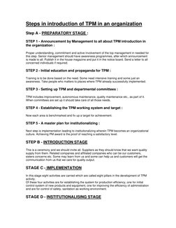 Steps in introduction of TPM in an organization 
Step A - PREPARATORY STAGE : 
STEP 1 - Announcement by Management to all abo