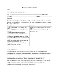 “Memorandum of Understanding”
Definition:
Party “A” One Call App, Phase 5, DHA Lahore
Party “B”………………………………………………………………………………