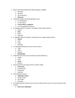 Database Concepts and MCQs | PDF | Table (Database) | Databases