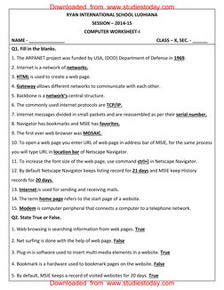 RYAN INTERNATIONAL SCHOOL LUDHIANA 
SESSION – 2014-15 
COMPUTER WORKSHEET-I 
NAME - ______________ 
           
 
 
 
 
CLASS