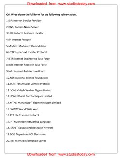 Q6. Write down the full form for the following abbreviations. 
1.ISP: Internet Service Provider 
2.DNS: Domain Name Server