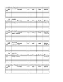 117
A/R - Reid Co.
Date
Particulars
P.R.
 Debit 
 Credit 
 Balance 
2015
120
Supplies
Date
Particulars
P.R.
 Debit 
 Credit