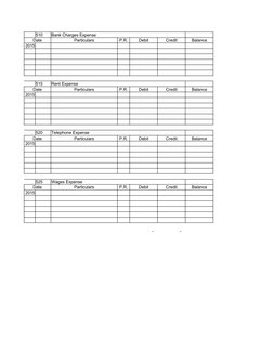 510
Bank Charges Expense
Date
Particulars
P.R.
 Debit 
 Credit 
 Balance 
2015
515
Rent Expense
Date
Particulars
P.R.
 Debit