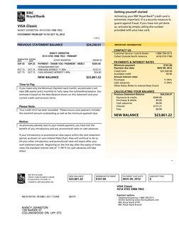 VISA Classic
NANCY JOHNSTON 4514 0765 3988 7852
STATEMENT FROM SEP 15 TO OCT 15, 2012
1 OF 2
Getting yourself started
Activat