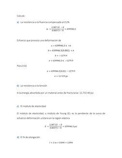 Calcule: 
a) La resistencia a la fluencia compensada al 0.2% 
𝑚 = 2,387.32 −0
0.00373 −0 = 639946.3 
 
Esfuerzo que provoca 