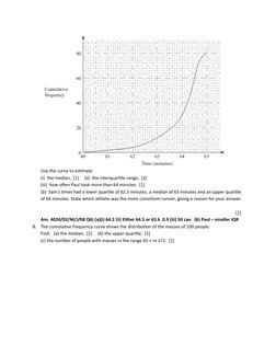 Use the curve to estimate
(i)  the median,  [1]     (ii)  the interquartile range,  [2] 
(iii)  how often Paul took more than