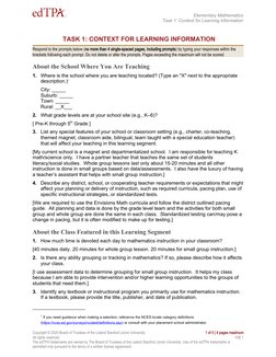 Elementary Mathematics
Task 1: Context for Learning Information
TASK 1: CONTEXT FOR LEARNING INFORMATION
Respond to the promp