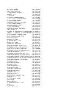 FUTUMEDICA S.A.S
NIT 830038639 1
G & J FERRETERIAS S.A
NIT 800130426 3
G4 IMPRESIÓN Y DISEÑO S.A.S
NIT 900989553 0
GABRICA S.