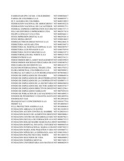 FAMISANAR EPS CAFAM - COLSUBSIDIO
NIT 830003664 7
FARMA DE COLOMBIA S.A.S
NIT 860009397 1
FE Y ALEGRIA DE COLOMBIA
NIT 860031