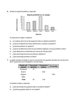 6. Analiza la siguiente gráfica y responde: 
 
Deporte preferido en un colegio 
Voley
Natación
Fútbol
Atletismo
Básquet
1