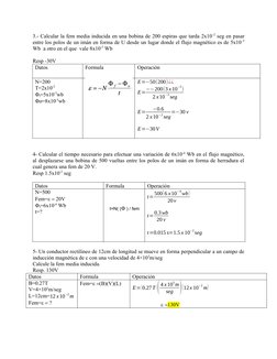 3.- Calcular la fem media inducida en una bobina de 200 espiras que tarda 2x10-2 seg en pasar
entre los polos de un imán en f
