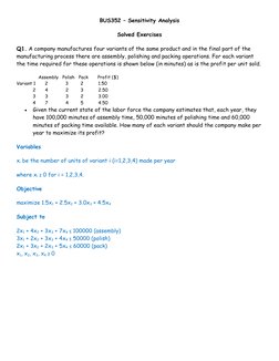 BUS352 – Sensitivity Analysis
Solved Exercises
Q1. A company manufactures four variants of the same product and in the final