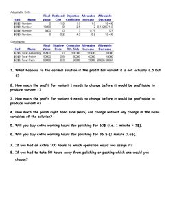 1. What happens to the optimal solution if the profit for variant 2 is not actually 2.5 but 
4?
2. How much the profit for va