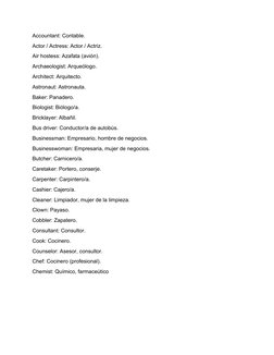 Accountant: Contable.
Actor / Actress: Actor / Actriz.
Air hostess: Azafata (avión).
Archaeologist: Arqueólogo.
Architect: Ar