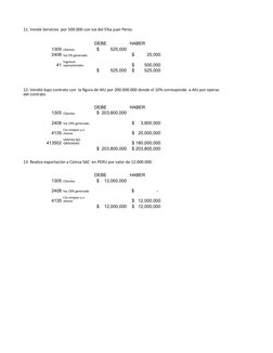 11. Vende Servicios  por 500.000 con iva del 5%a juan Pérez.
DEBE
HABER
1305 clientes
 $         525,000 
2408 Iva 5% generad