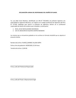 DECLARACIÓN JURADA DEL RESPONSABLE DEL DISEÑO DE PLANOS
Yo, Luis Alder Aroni Martínez, identificado con DNI N° 70314039, de p