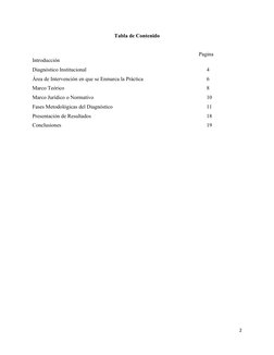Tabla de Contenido 
      Pagina 
Introducción 
Diagnóstico Institucional
4
Área de Intervención en que se Enmarca la Práctic
