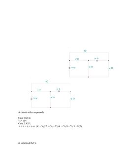 2 Ω
8 
Ω
10 V
5
V
6 
Ω
4Ω
2 Ω
8 
Ω
10 V
5
V
6 
Ω
4Ω
A circuit with a supernode
Case 1:KCL:
V1= 10V
Case 2: KCL
 i1 + i4 = i2