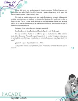 10 
Llora ahí fuera por probablemente treinta minutos. Todo el tiempo, mi 
pecho está apretado. Duele. Es difícil respira