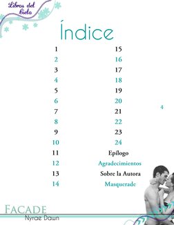 4 
Índice 115216317418519620721822923    1024    11  Epílogo    12  Agradecimientos    13  Sobre la Autora    14Masquerad