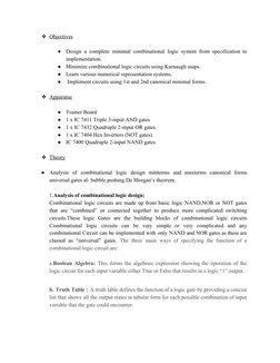 ❖Objectives 
 
●
Design a complete minimal combinational logic system from specification to
  
 
 
 
 
 
 
 
 
implementation