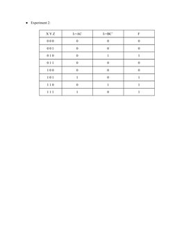●
Experiment 2: 
 
X Y Z 
I​1​=AC 
I​1​=BC’ 
F 
0 0 0 
0 
0 
0 
0 0 1 
0 
0 
0 
0 1 0 
0 
1 
1 
0 1 1 
0 
0 
0 
1 0 0 
0 
0