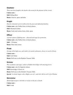 Gladiator
These men have fought to the death in the arena for the pleasure of the crowds.
Culture note: -
Skill: Killing Blow