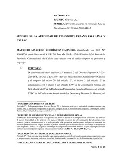Página 1 de 20 
 
TRÁMITE N.º: 
ESCRITO N.º: 001-2021 
SUMILLA: Presento descargo en contra del Acta de 
Fiscalización N.º 02